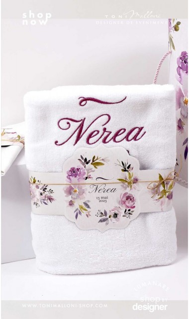 Trusou botez cu flori roz si mov Purple Flowers 1